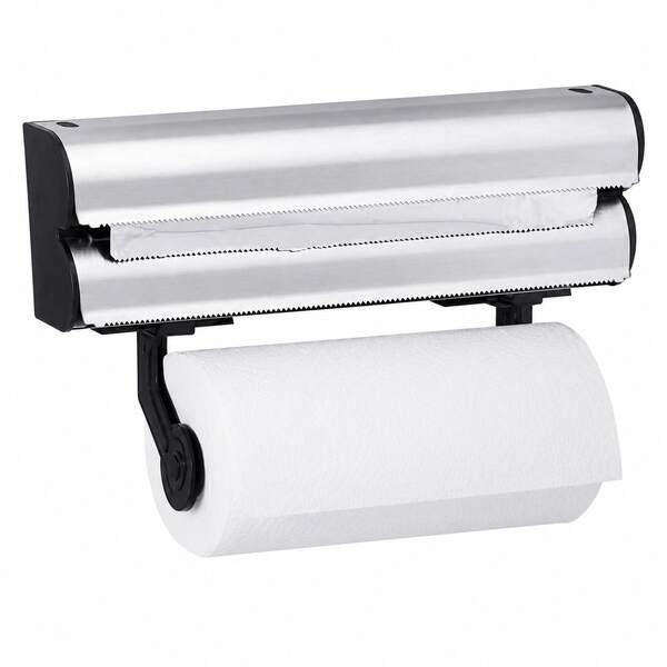 Kynley Dispensador de Papel de Cocina 3 en 1 con Cortador, Soporte de Pared para Papel de Aluminio, Film Transparente y Rollo de Cocina, Acero Inoxidable, 34 * 20 * 9 cm