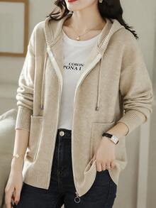 Women's Autumn New Hooded Drawstring Cardigan Sweater, Versatile Zipper Pocket Long Sleeve Top, Fitted Silhouette, Women's Knit Cardigan Jacket Fall - Apricot - View 4