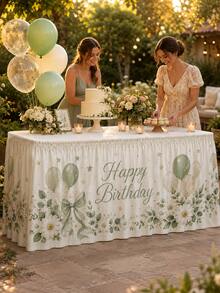 Sage Green Happy Birthday Table Skirt With Balloon, Daisy And Bow Print, Polyester Party Tablecloth, Suitable For Children's Birthday, Baby Shower, Dessert Table And Neutral Celebration Decor - A - View 9
