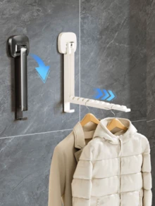 Wall-Mounted Foldable Suction Cup Clothes Drying Rack, Drill-Free Telescopic Hanging Rod, Compact Indoor Laundry Drying Rack, Suitable For Apartment Bathroom And Indoor Laundry Space, Portable Foldable Clothes Rack - Multicolor - View 3