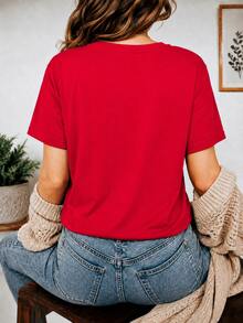 Women's Casual 2026 Halloween T-Shirt With Pumpkin, Skeleton And Heart Print, Short Sleeve, Crew Neck, Autumn Fashion Top Made Of Cotton, Perfect Gift - Red - View 2
