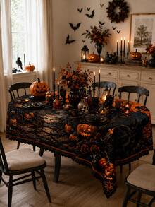 1pc Scary Forest Lantern Tablecloth, Spooky Night Party, Rustic Countryside Style Polyester Rectangular Tablecloth With Dark Woods And Skull Patterns, Easy Care Table Cover For Dining Room Kitchen Holiday Dinner Decoration - Multicolor - View 5