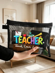 網格拉鍊收納袋，印有「Teach Love Inspire」字母圖案，教師收納袋，大容量便攜多功能收納盒，鉛筆盒與化妝品收納盒，教師感謝禮物，教育工作者感謝禮物，學校辦公旅行假期生日禮物 - 彩色 - 查看 4