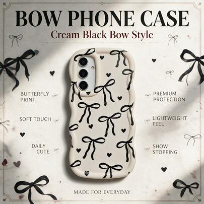 1pc Black Heart & Bowknot Minimalist Cute Personalized Fashion Retro Flesh Dark European American Style, Macaron White Full Coverage Anti-Drop Fresh Colorful Wavy Cream Style, [International Version Not Local Version] Compatible With Android/GALAXY/A/S/FE/PLUS/ULTRA/NOTE/POCO/Transsion/HOT/SPARK/POP/SMART/RENO/Honor/Phone Case/Protective Cover