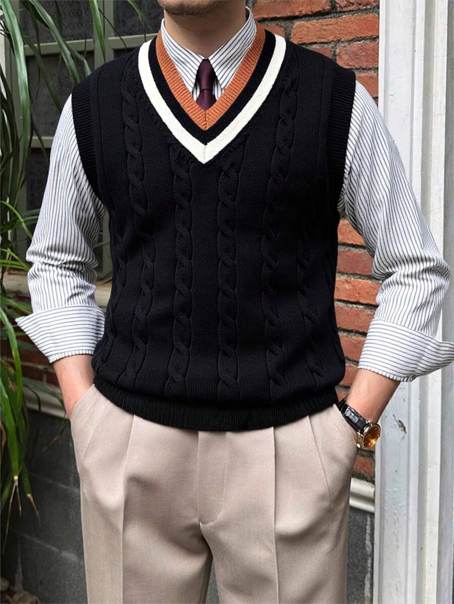 ALTZTAR Men's College Style Patchwork Cable Knit V-Neck Sweater Vest - Black - View 1