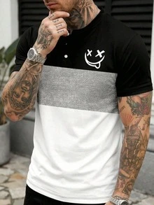 Men's Summer Casual Comfortable Colorblock Striped Smiling Face Print Button Short Sleeve T-Shirt - Multicolor - View 1