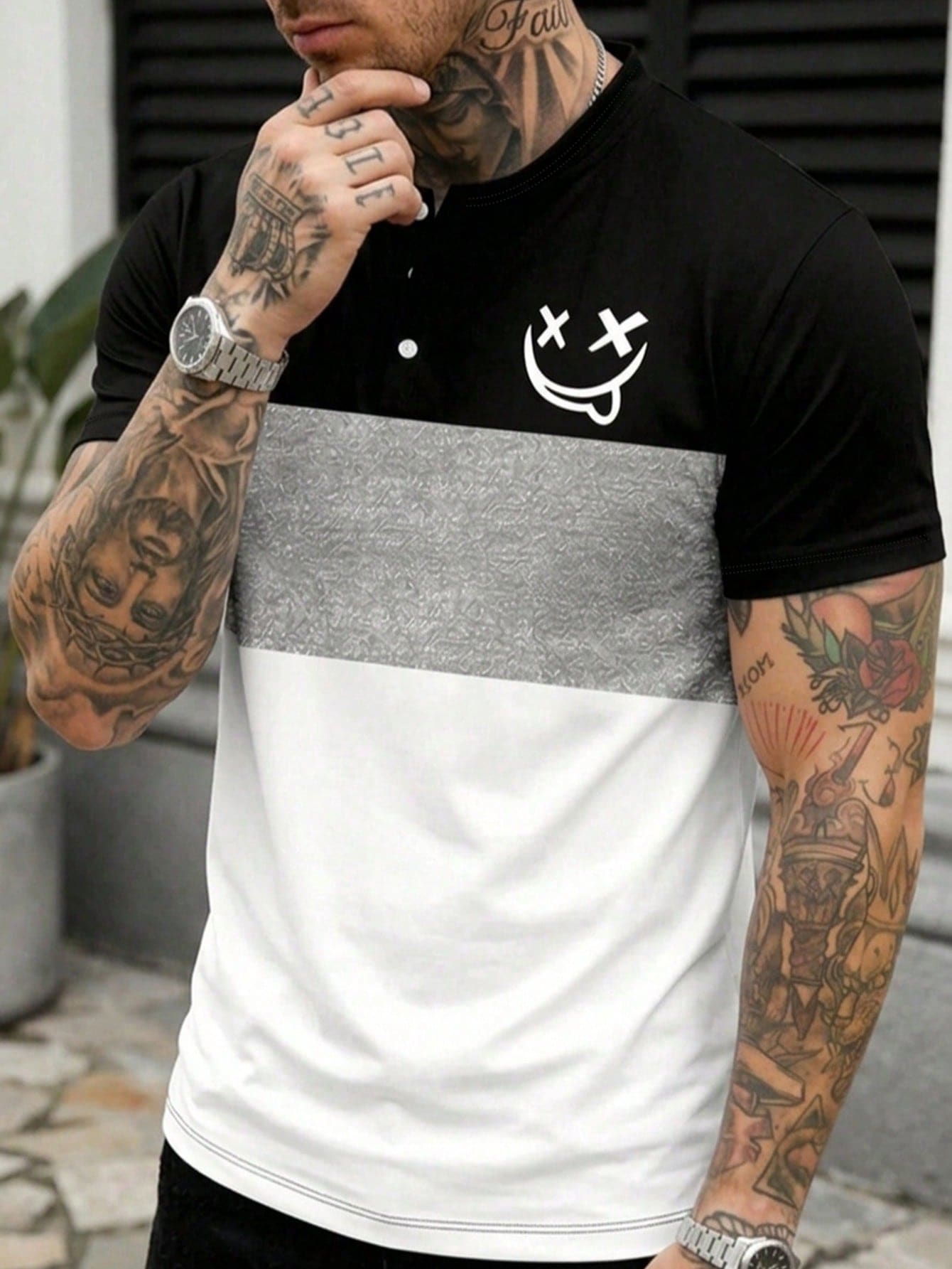 Men's Summer Casual Comfortable Colorblock Striped Smiling Face Print Button Short Sleeve T-Shirt - Multicolor - View 1