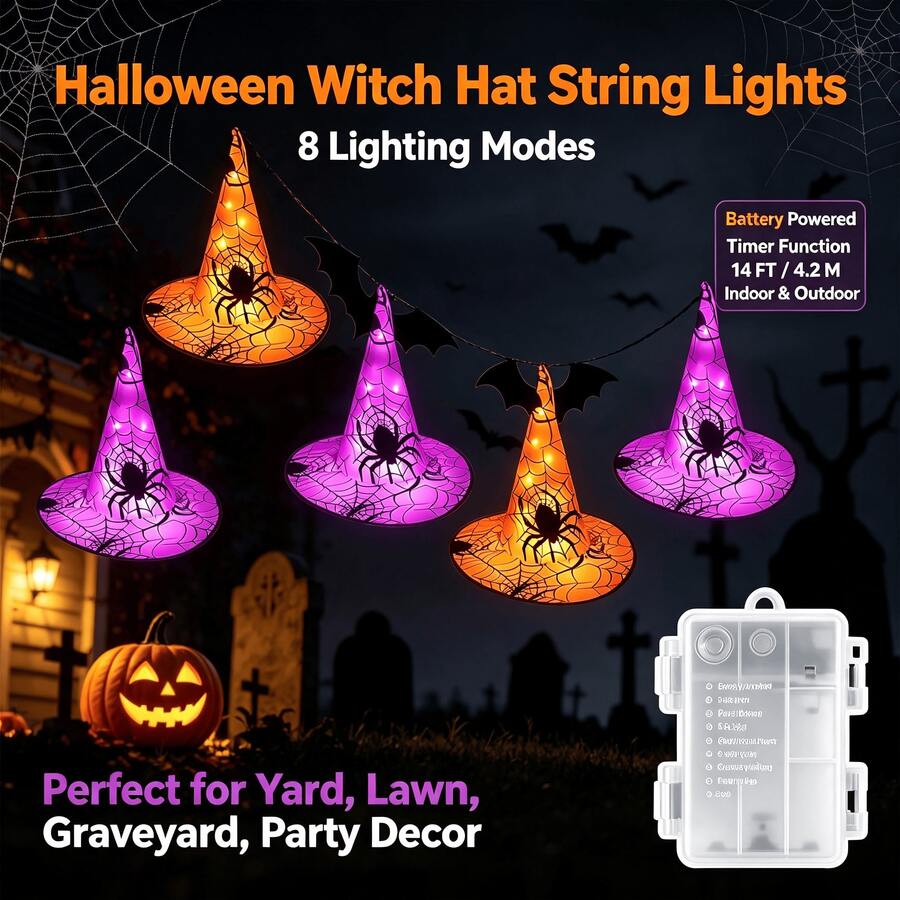 1 String Of 6 Dual-Color Witch Hat Lights, Halloween Hanging LED String Lights, Outdoor Garden Party Carnival Decoration, 6 Dual-Color Witch Hats On One String, Halloween Hanging Lights For Yard Outdoor Party Decoration