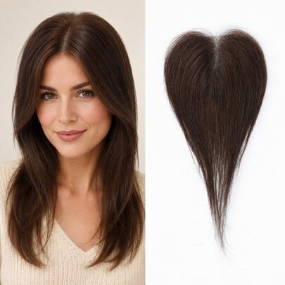 Women's Human Hair Top Piece Clip-In, S2 Dark Brown Natural Style, 3 Clips, Hair Piece Not Included, Suitable For Thinning Hair Top, Instantly Adds Volume