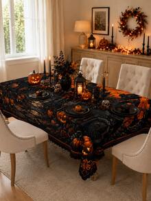 1pc Scary Forest Lantern Tablecloth, Spooky Night Party, Rustic Countryside Style Polyester Rectangular Tablecloth With Dark Woods And Skull Patterns, Easy Care Table Cover For Dining Room Kitchen Holiday Dinner Decoration - Multicolor - View 10