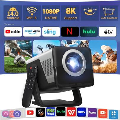 Smart Projector, Native 1080P Support 8K Video, Allwinner H726 Chip, Android 14 System, Bluetooth 5.4 & Dual Band WiFi 6, Home Theater With Remote Control For Movie Night Home Office