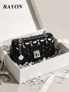 2026 Luxury Quilted Diamond Stitch Embroidered Solid Color PU Leather Chain Lock Bag Women's Shoulder Bag Small Handbag High-End Fashion Versatile Crossbody Bag Suitable For Daily Outings, Work Commute, Party, Afternoon Tea And More Occasions (Gift Box Not Included) - Black - View 10