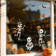 1/3/5pcs Cute Dancing Skeleton Static Window Clings, Pumpkin Bat Spider Web Halloween Window Decals, Reusable Non-Adhesive Glass Stickers For Home Halloween Party Decor Gift - Multicolor - View 7