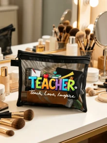 網格拉鍊收納袋，印有「Teach Love Inspire」字母圖案，教師收納袋，大容量便攜多功能收納盒，鉛筆盒與化妝品收納盒，教師感謝禮物，教育工作者感謝禮物，學校辦公旅行假期生日禮物 - 彩色 - 查看 5