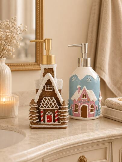 1pc Christmas Bathroom Soap Dispenser, Gingerbread House Refillable Lotion Pump Bottle, Liquid Hand Soap Body Wash Shampoo Shower Gel Container, Cute Resin Bathroom Countertop Accessories, Winter Holiday Home Decor Gift