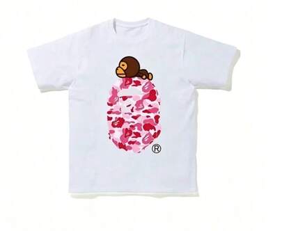 Ape Head Graphic Tee, Pink camouflage pattern and ape,American casual collegiate style,Classic Streetwear Cotton T-Shirt,summer T-Shirt