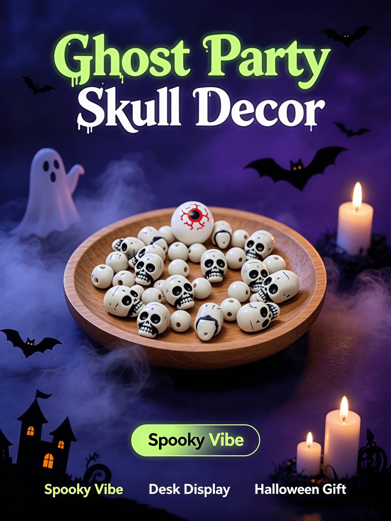 50pcs/Set Halloween Mini Resin Skull Figurines, Gothic Style Halloween Desktop Decor, Garden Pot Filler, Halloween Trick Or Treat Candy Bag Filler - A - View 1