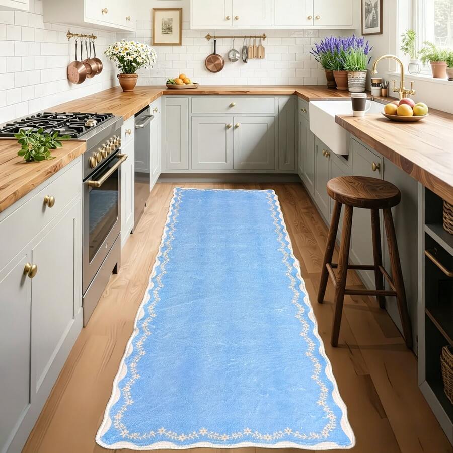 1pc Light Blue Wavy Rug, Washable & Foldable Bohemian Floral Carpet, Suitable For Kitchen, Hallway, Bathroom, Bedroom, Living Room, Kitchen, Corridor, Entryway, Laundry Room And Other Home Decor - Baby Blue - View 1