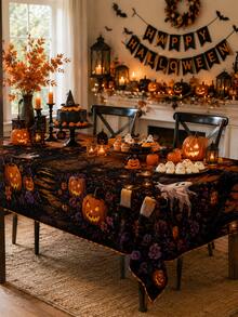 This"Happy Halloween" Themed Tablecloth Features Spooky Ghost And Pumpkin Patterns, Creating An Eerie And Mysterious Holiday Atmosphere; It Is Perfect For Decorating Home Kitchens And Dining Areas, And Makes An Ideal Choice For Autumn Holiday Parties - Multicolor - View 6