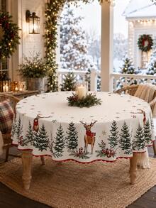 1pc-Farmhouse Christmas Reindeer Tablecloth, Forest Pine Tree Snowflake Red Berry Printed Round Rectangular Table Cloth, Festive Holiday Table Cover For Xmas Dinner Party Indoor Kitchen Dining Home Table Decoration - Multicolor - View 3