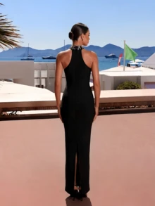 Elegant Halter Neck Handmade Rhinestone Embellished Long Fitted Bandage Party Dress - Black - View 6
