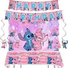 Hot-Selling Pink Stitch Theme Cartoon Stitch Birthday Banner, Backdrop, Tablecloth, Decoration Hanging Set, Birthday Party Decor - Multicolor - View 13