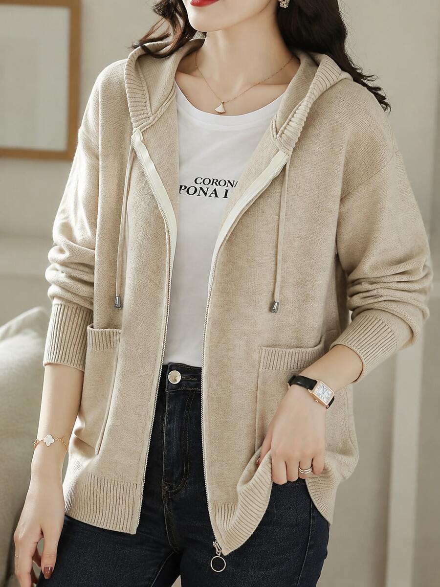 Women's Autumn New Hooded Drawstring Cardigan Sweater, Versatile Zipper Pocket Long Sleeve Top, Fitted Silhouette, Women's Knit Cardigan Jacket Fall