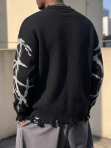 ANDREILEE Men's Fashion Casual Versatile Daily Commute Home Skull Distressed Fringe Crew Neck Long Sleeve Loose Ribbed Pullover Sweater Knit Top Autumn/Winter - Black - View 5