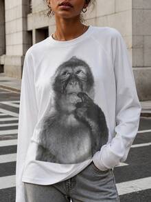 Women Fall Long Sleeve Tops, Y2k Graphic Basic Tees, Cute Crew Neck Shirts, Lightweight Casual Tops, School And Street Daily Matching Wear - 白色長袖款 - 查看 1