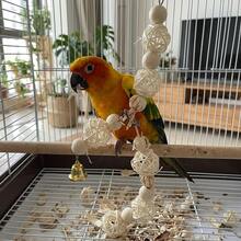 Hanging White Woven Rattan Ball Wooden Bead Bird Toy With Bell - Parrot Chewing Boredom Relief Foraging Bird Cage Accessory, Suitable For Budgies, Cockatiels, Lovebirds And Other Small To Medium Birds - View 6