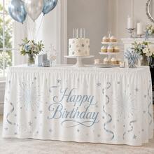 Light Blue Happy Birthday Table Skirt, Printed With Stars And Fireworks Pattern, Polyester Party Tablecloth, Suitable For Baby Birthday, Baby Celebration, Dessert Table Decoration And Home Party Supplies - A - View 1