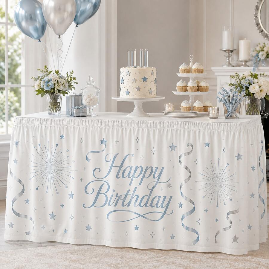 Light Blue Happy Birthday Table Skirt, Printed With Stars And Fireworks Pattern, Polyester Party Tablecloth, Suitable For Baby Birthday, Baby Celebration, Dessert Table Decoration And Home Party Supplies - A - View 1