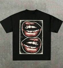 Casual, Soft T-Shirt With A Fun Barbecue Lip Pattern And Heat Transfer Print. - 黑色3 - 查看 6