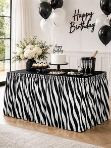 1pc Black & White Zebra Stripe Rectangular Table Skirt, Modern Safari Style Polyester Elastic Edge Ruffled Table Cover, Animal Print Party Table Skirting For Birthday, Wedding, Buffet, Room Decor, Office Decor & Home Decor - Multicolor - View 2
