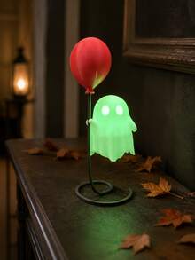 1pc Cute Green Glowing Ghost With Red Balloon Desktop Ornament, Fantasy Halloween Character Design, Wavy Edge, Oval Eyes And Spiral Base, Glowing Decorative Accessory, Suitable For Party, Fireplace Mantel, Desk, Bookshelf, Home And Halloween Night Decor - Multiple Styles - View 3