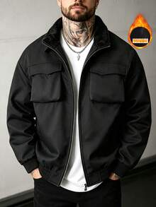 Men's Winter Workwear Jacket, Thermal Lined, Thickened, Stand Collar, Multi-Pocket, Warm Inner Fleece Casual Jacket - Black - View 3