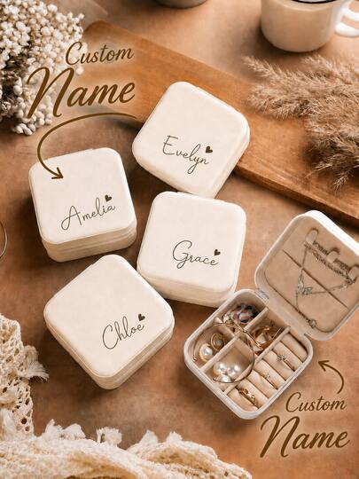 Personalized Handwritten Name Heart Design Jewelry Box - Customized Beige Fabric Lining Travel Storage Box With Zipper Closure And Soft Padding - Bridesmaid Proposal Gift, Mother's Day Birthday Gift, Women's Jewelry Box, Classic Style, Jewelry Box