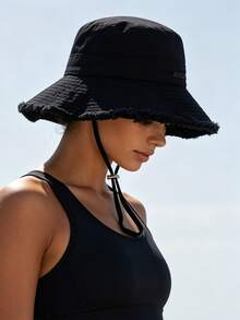 1pc Women's Summer Bucket Hat, Same Style As Xuan Ya, Washed Frayed Edge, Wide Brim Sun Hat, Simple Versatile Vacation Style UV Protection Hat - A - View 5