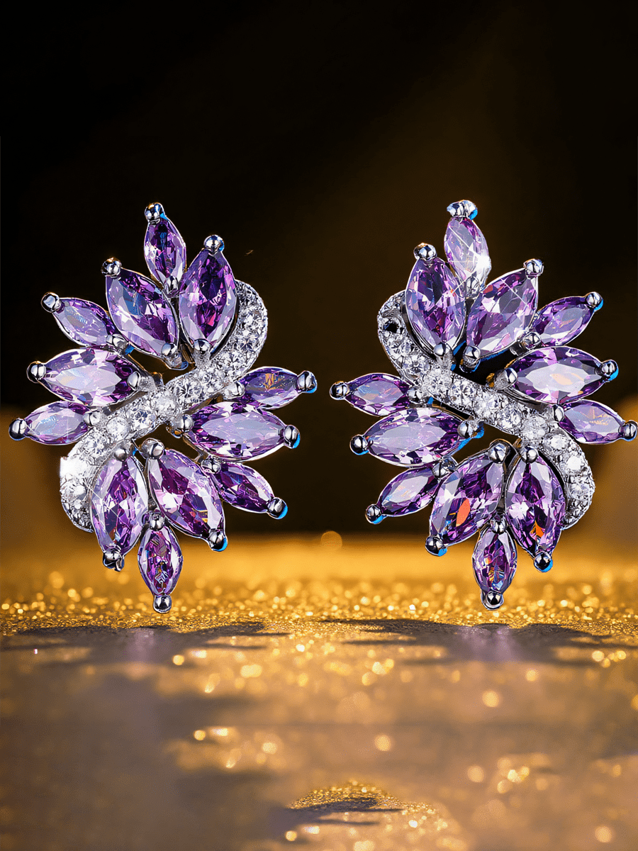 1 Pair Elegant Leaf Design Cubic Zirconia Stud Earrings For Women - Luxurious Wedding/Party/Daily Jewelry - , Shiny Accessory
