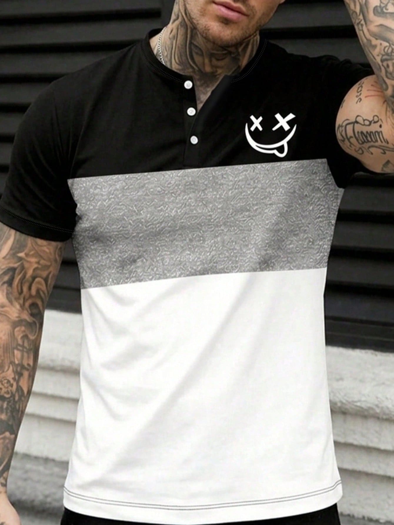 Men's Summer Casual Comfortable Colorblock Striped Smiling Face Print Button Short Sleeve T-Shirt - Multicolor - View 1