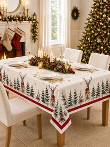 1pc-Farmhouse Christmas Reindeer Tablecloth, Forest Pine Tree Snowflake Red Berry Printed Round Rectangular Table Cloth, Festive Holiday Table Cover For Xmas Dinner Party Indoor Kitchen Dining Home Table Decoration - Multicolor - View 15