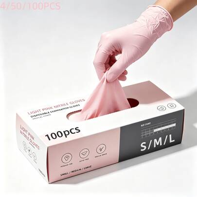 50/100Pcs Light Pink Disposable Nitrile Gloves, Suitable For Home And Kitchen Cleaning, Nail Care, Beauty And Hairdressing, Pet Care, Outdoor Travel, Home Essential (Bagged) 4/50/100Pcs