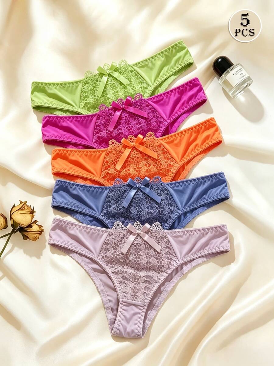 5pcs Sexy Lace Solid Color Triangle Panties, Bow Design, Comfortable Low Waist Underwear Set - Multicolor - View 1