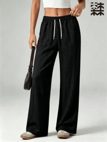 mulinsen Women's Straight Leg Sweatpants, Elastic Drawstring Waist, Wrinkle-Resistant Textured Fabric, Fitness Jogging Daily Home Casual Pants - Black - View 4