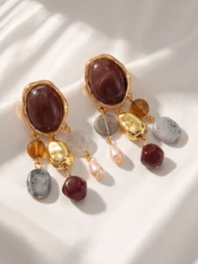 1 Pair French Vintage Court Style Oval Tiger Eye Stone Earrings With Pleated Design, Elegant For Wedding, Party, Birthday, Ball, Holiday Wear [Random Texture] - Multicolor - View 2