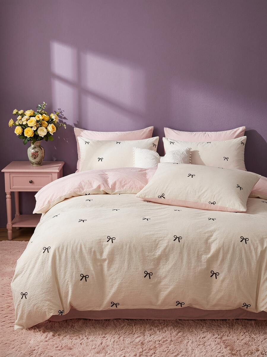 Joivida 3pcs Bowknot Duvet Cover Set, Soft Polyester Reversible Cream & Pink Bow Bedding Set With Zipper Closure & 2 Pillow Shams (No Insert) - Multicolor - View 1