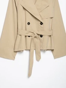 Mellowy Autumn/Winter New Women's European & American Style Fashion Minimalist Belted Padded Shoulder Short Trench Coat Jacket - Khaki - View 2