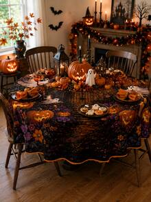 This"Happy Halloween" Themed Tablecloth Features Spooky Ghost And Pumpkin Patterns, Creating An Eerie And Mysterious Holiday Atmosphere; It Is Perfect For Decorating Home Kitchens And Dining Areas, And Makes An Ideal Choice For Autumn Holiday Parties - Multicolor - View 2
