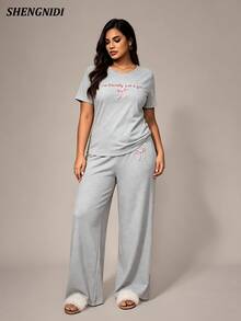 Women's Plus Size Short Sleeve Long Pants Pajama Set, Loungewear, Spring/Summer - Light Grey - View 4