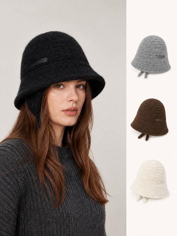 Women's Autumn/Winter Knit Bucket Hat, Ear-Covering Bucket Hat With Adjustable Ties, Flattering Fit For Daily Wear